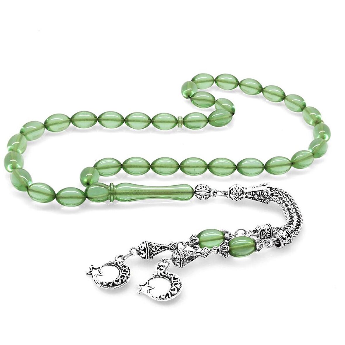 Kararmaz Metal Ayyıldız Püsküllü Arpa Kesim Su Yeşili Ateş Kehribar Tesbih