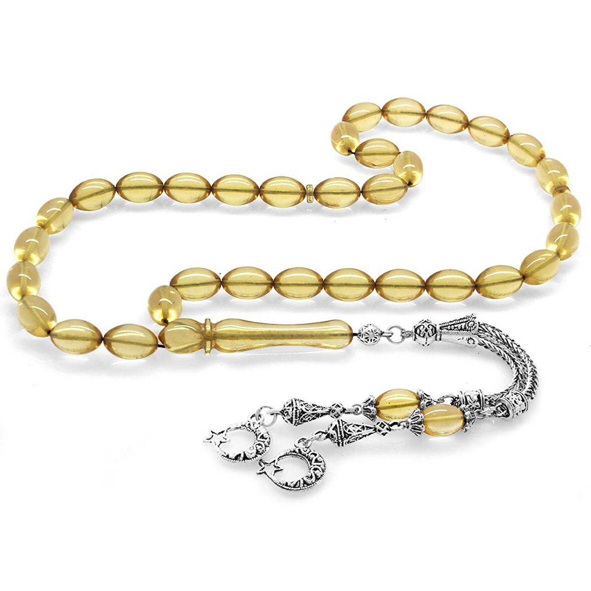 Kararmaz Metal Ayyıldız Püsküllü Arpa Kesim Şeffaf Beyaz Ateş Kehribar Tesbih