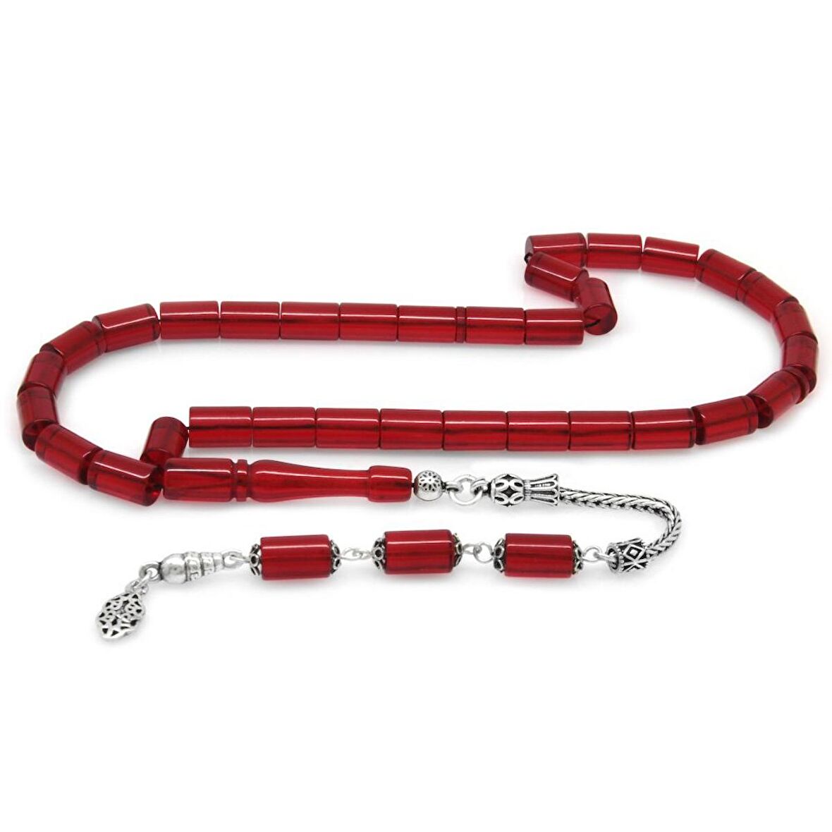 925 Ayar Gümüş Püsküllü Kesme Kesim Kırmızı Ateş Kehribar Tesbih