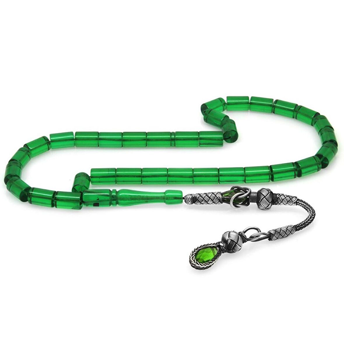 1000 Ayar Gümüş Kazaz Püsküllü Kesme Kesim Yeşil Ateş Kehribar Tesbih