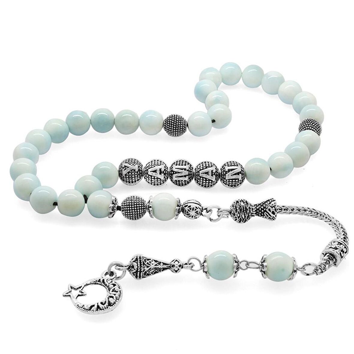 Kararmaz Metal Püsküllü Küre Kesim Kişiye Özel İsim Yazılı Larimar Doğaltaş Tesbih