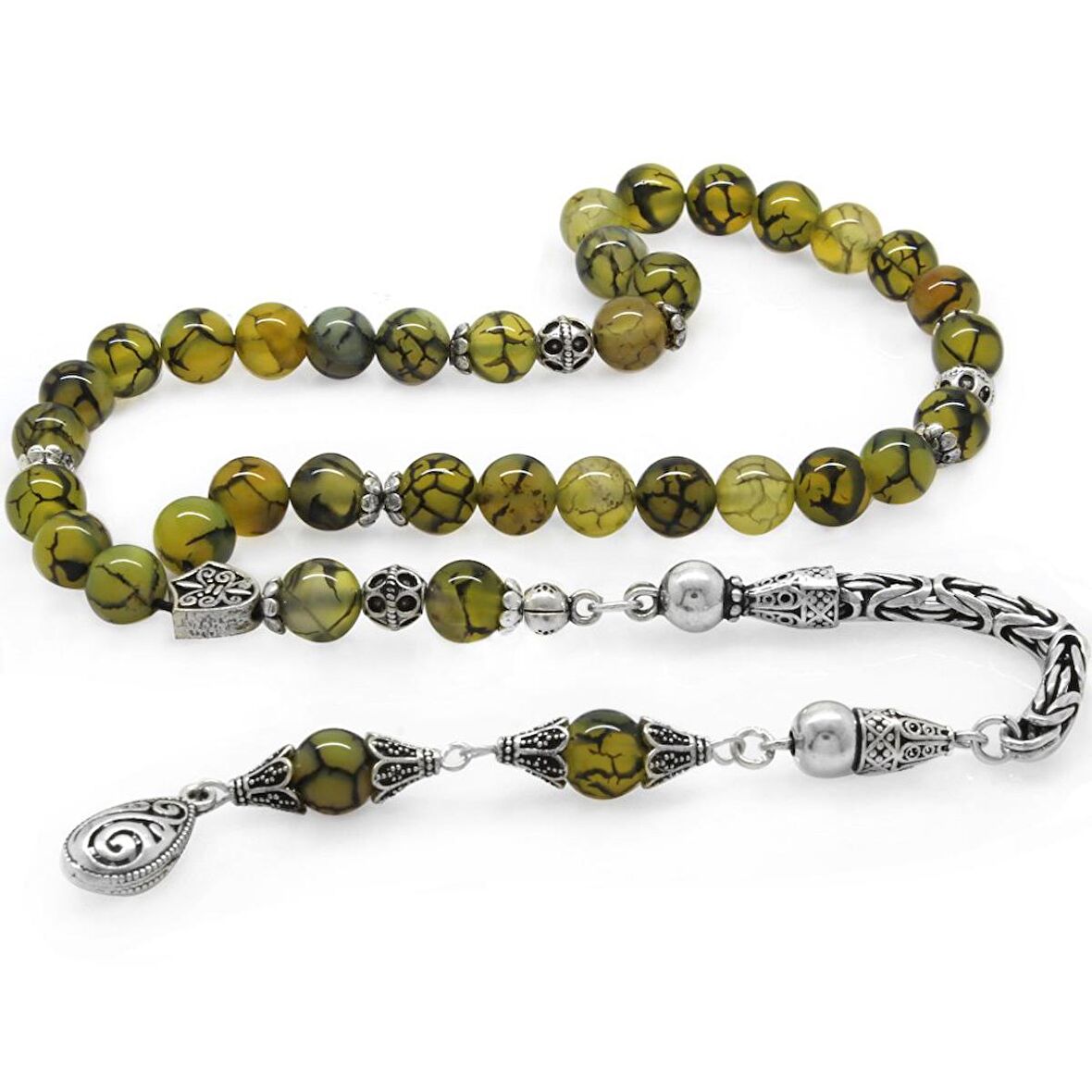 Koleksiyonluk 925 Ayar Gümüş Püsküllü Küre Kesim Damarlı Akik Doğaltaş Tesbih