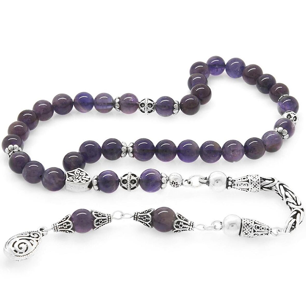 Koleksiyonluk 925 Ayar Gümüş Püsküllü Küre Kesim Ametist Doğaltaş Tesbih