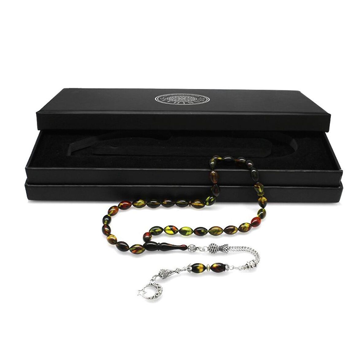 Ayyıldız Kararmaz Metal Püsküllü Arpa Kesim Bala-Siyah Ateş Kehribar Tesbih