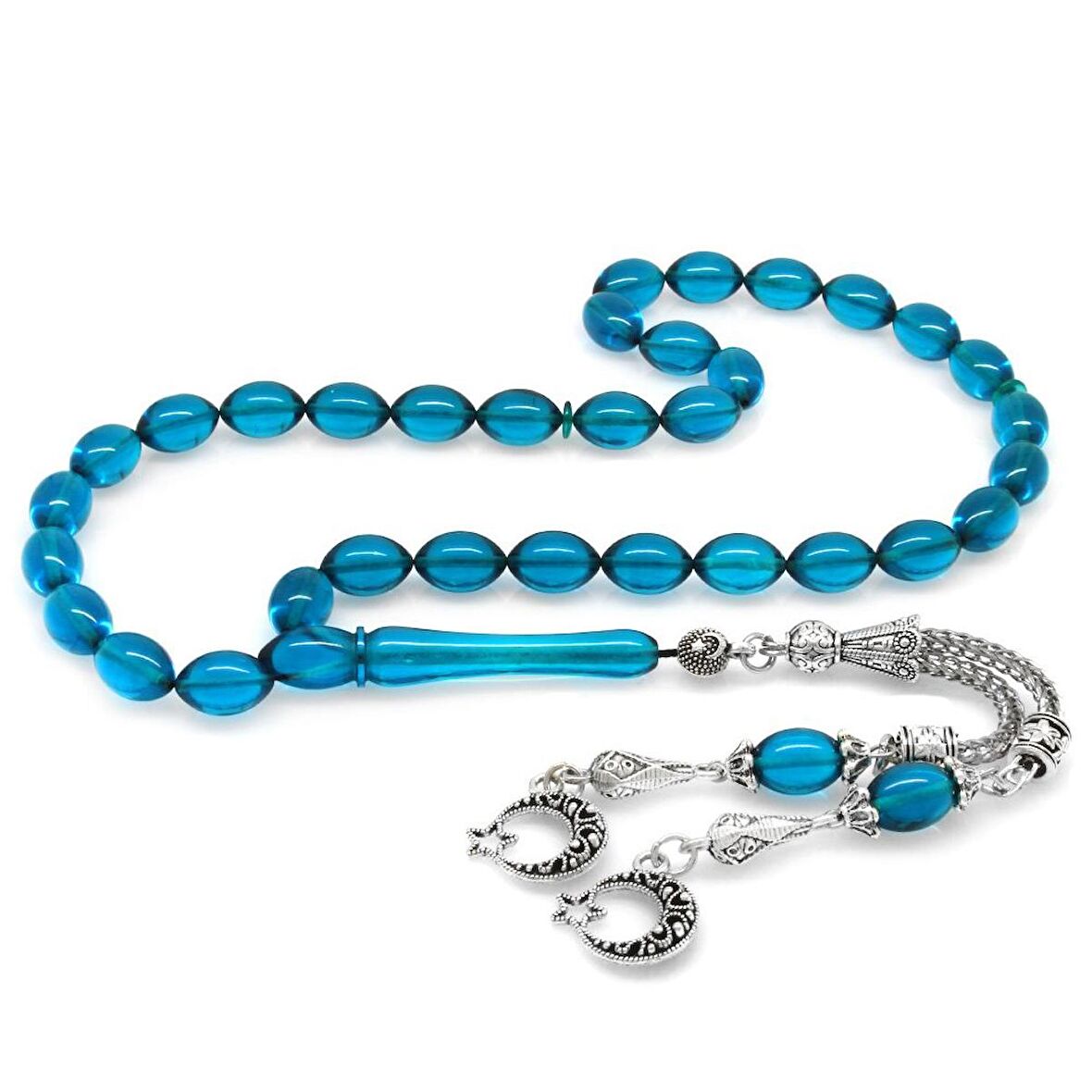 Kararmaz Metal Ayyıldız Püsküllü Arpa Kesim Turkuaz Ateş Kehribar Tesbih