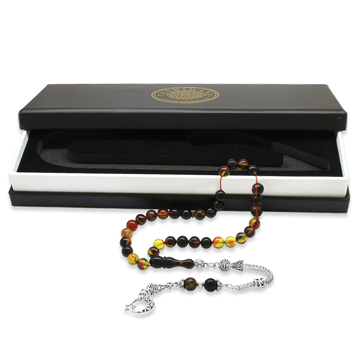 Kararmaz Metal Ayyıldız Püsküllü Küre Kesim Bala-Siyah Ateş Kehribar Tesbih