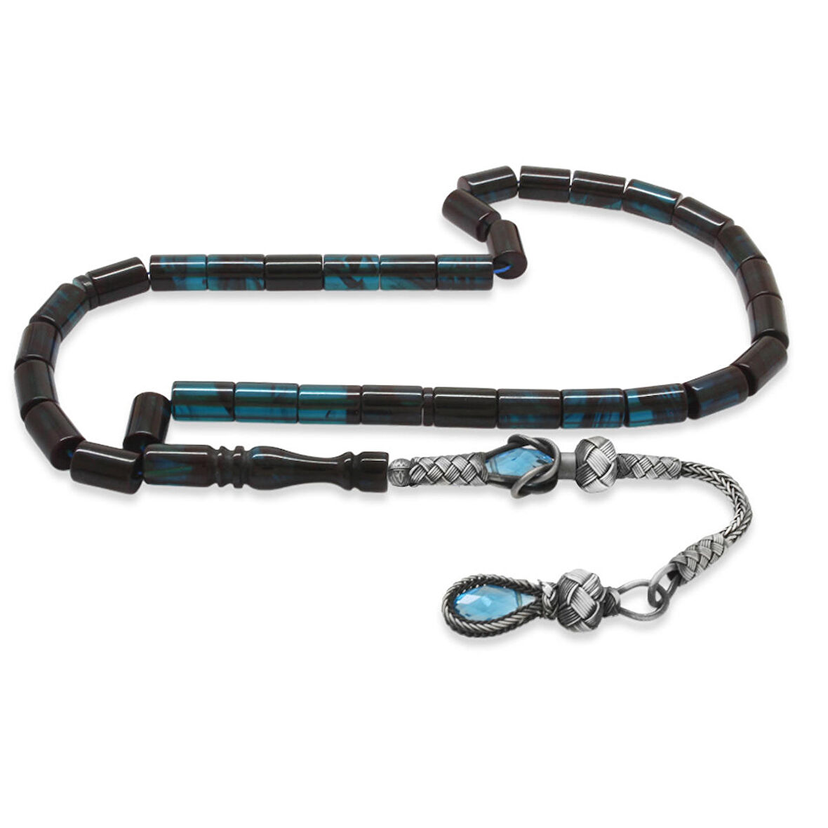 1000 Ayar Gümüş Kazaz Püsküllü Kesme Kesim Turkuaz-Siyah Ateş Kehribar Tesbih