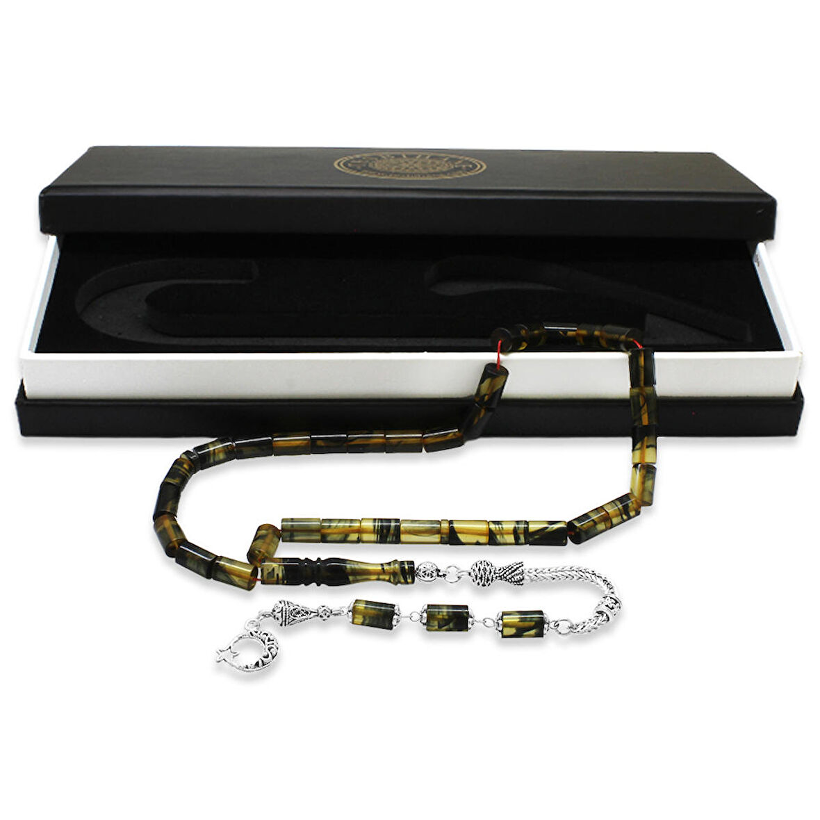 Kararmaz Metal Püsküllü Kesme Kesim Siyah-Beyaz Ateş Kehribar Tesbih