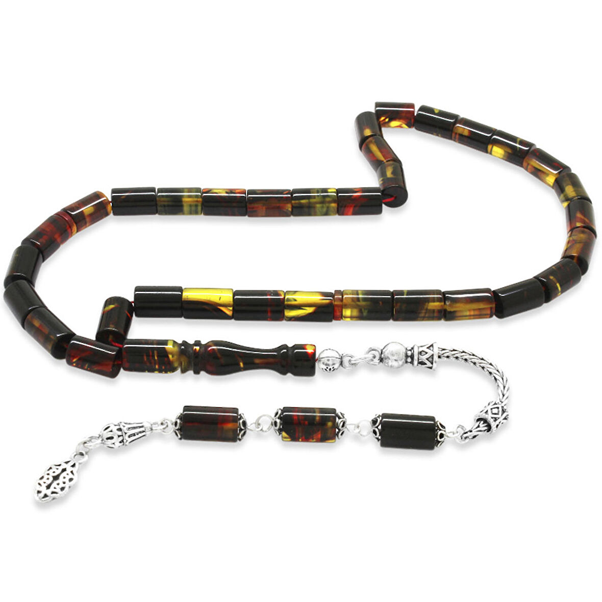 925 Ayar Gümüş Püsküllü Kesme Kesim Bala-Siyah Ateş Kehribar Tesbih