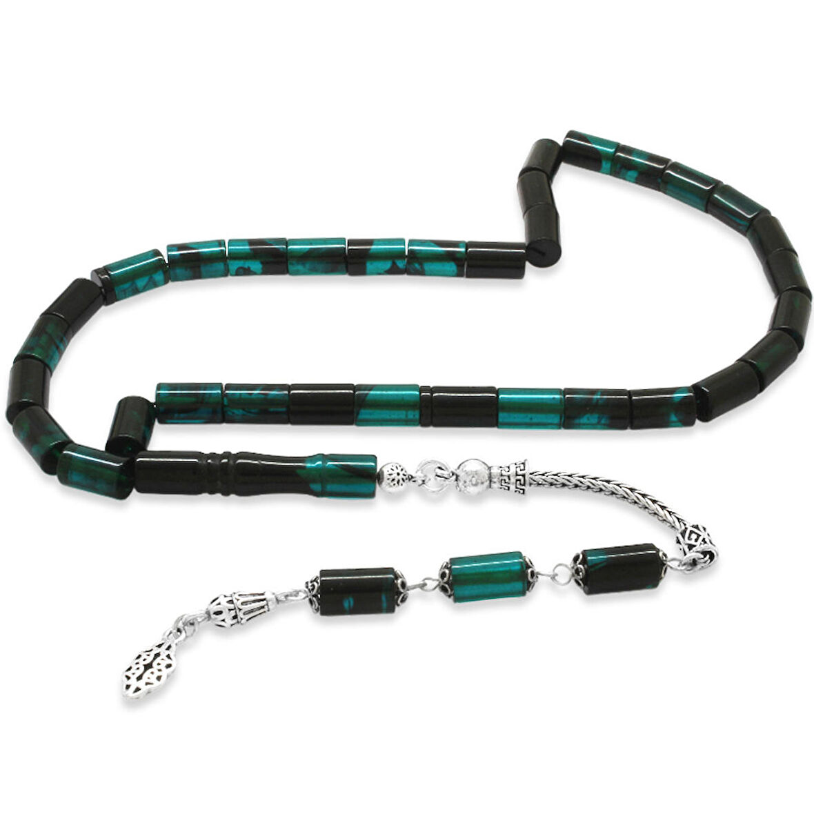 925 Ayar Gümüş Püsküllü Kesme Kesim Petrol Yeşili-Siyah Ateş Kehribar Tesbih