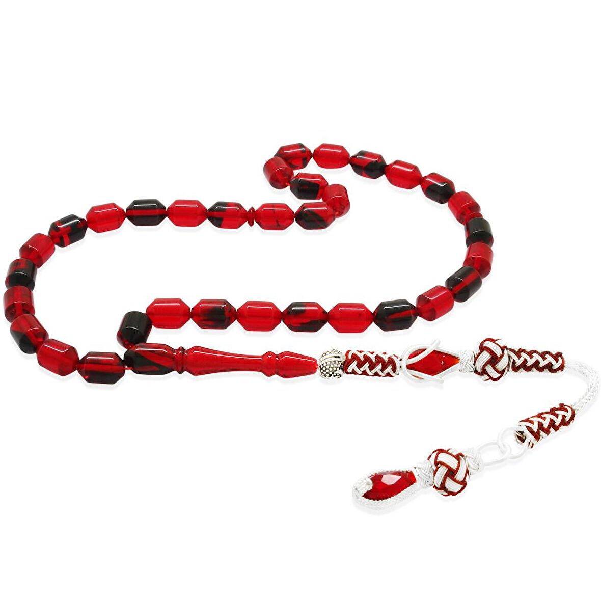 Bakır Kazaz Püsküllü Uçlu Kapsül Kesim Kırmızı-Siyah Ateş Kehribar Tesbih