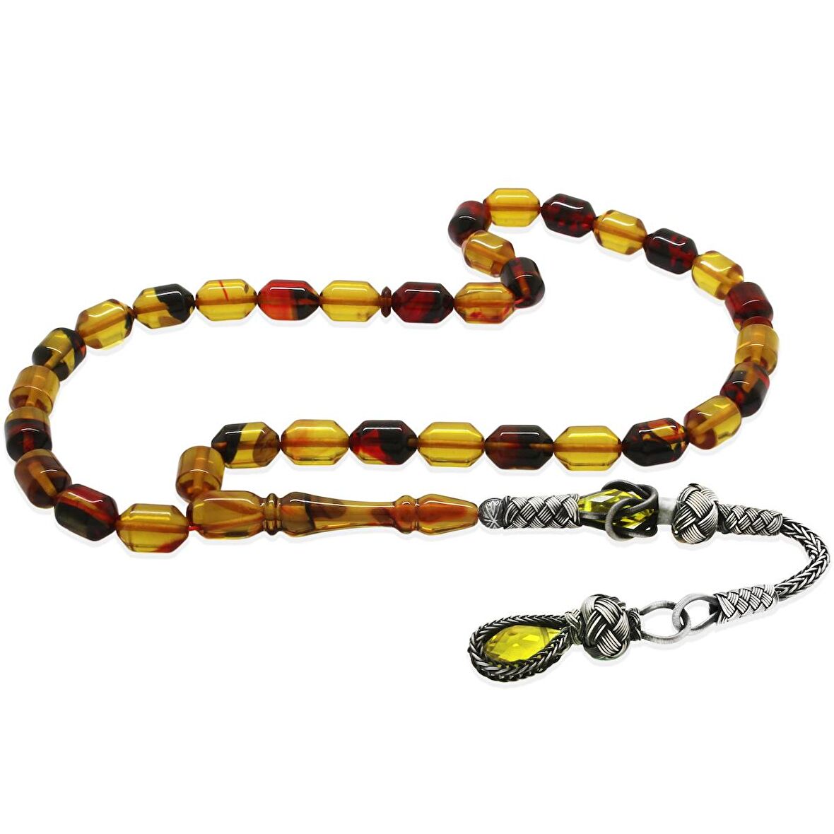 1000 Ayar Gümüş Kazaz Püsküllü Uçlu Kapsül Kesim Şeffaf Bala-Siyah Ateş Kehribar Tesbih