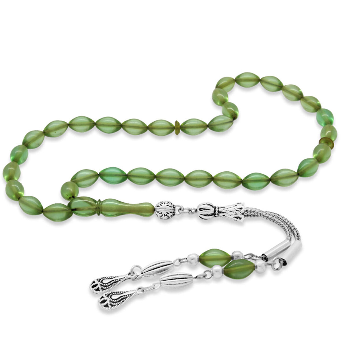 Kararmaz Metal Su Damlası Püsküllü Arpa Kesim Bilek Boy Su Yeşili Ateş Kehribar Tesbih