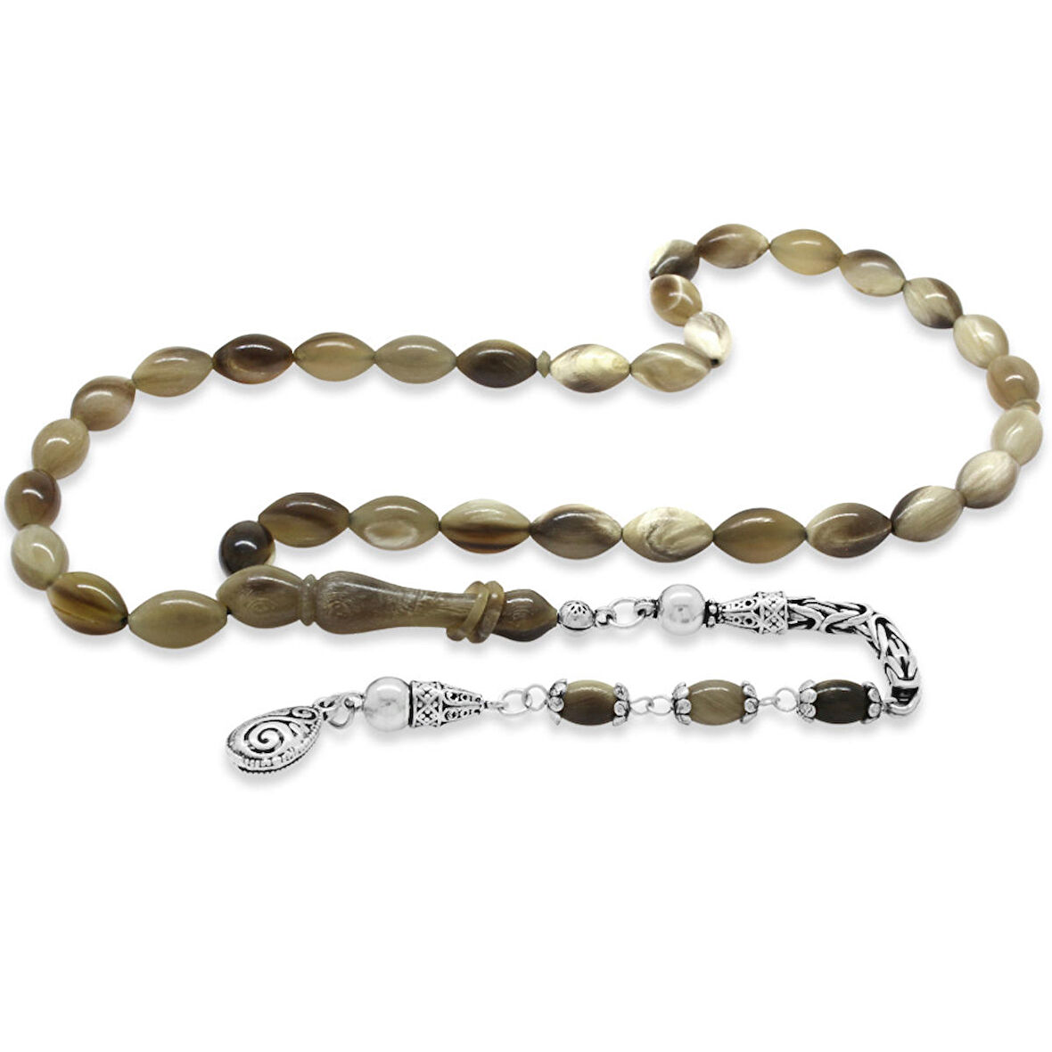 925 Ayar Gümüş Kral Zincir Püsküllü Arpa Kesim Naturel Renk Bufalo Boynuzu Tesbih