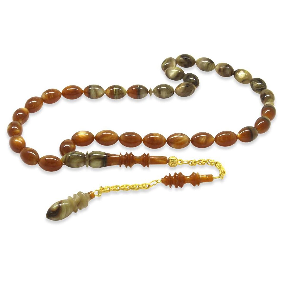 Gold Renk 925 Ayar Gümüş Püsküllü İmamesı Usta İşçilikli Arpa Kesim Sedefli Süzme Kahverengi-Beyaz-Siyah Katalin Tesbih