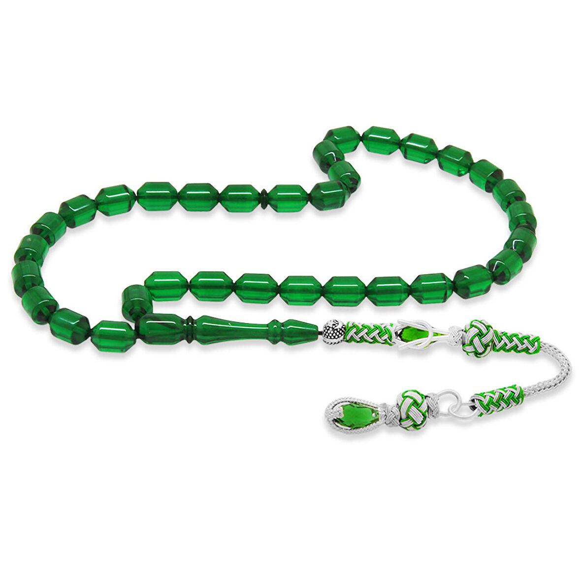 Bakır Kazaz Püsküllü Uçlu Kapsül Kesim Yeşil Ateş Kehribar Tesbih