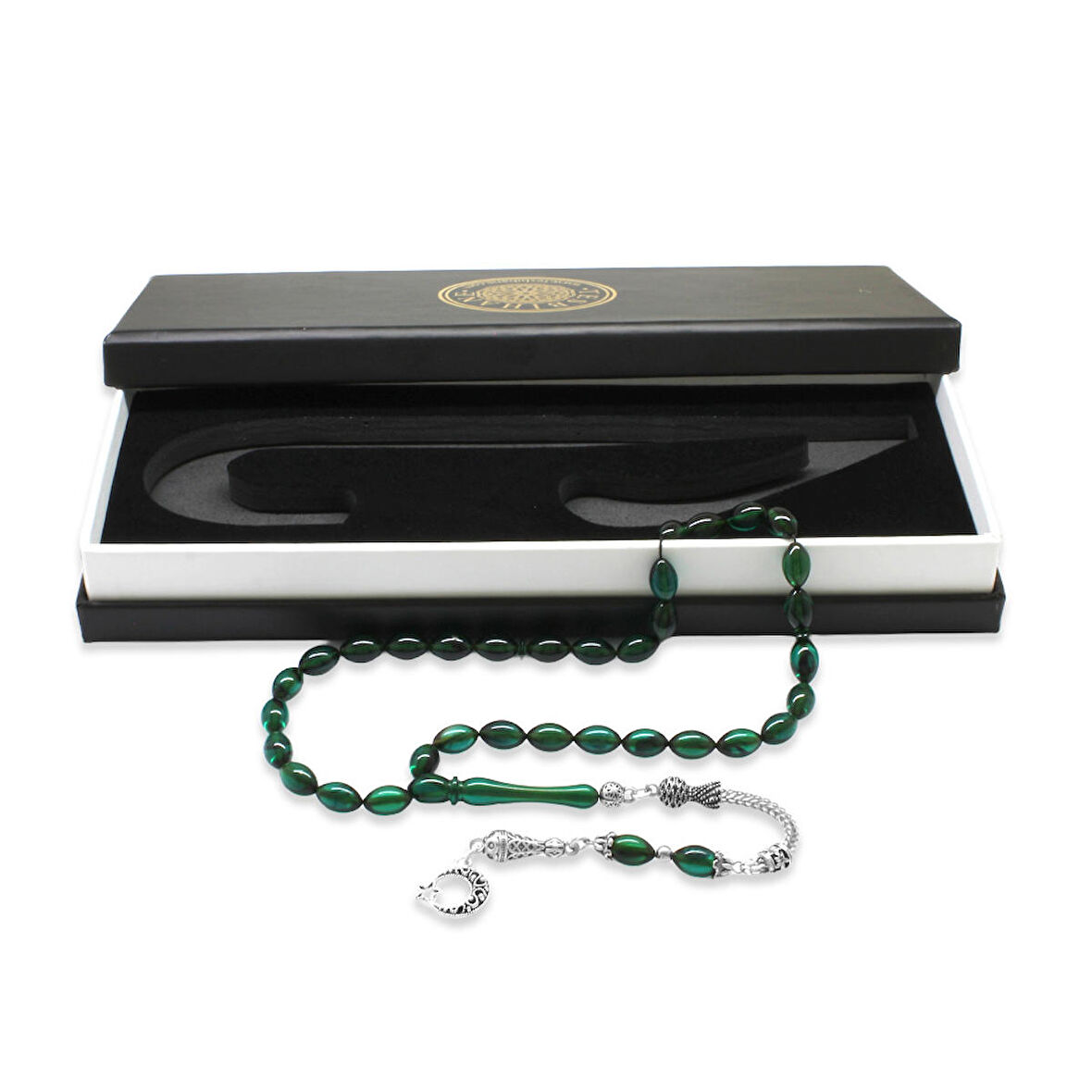 Ayyıldız Kararmaz Metal Püsküllü Arpa Kesim Turkuaz Ateş Kehribar Tesbih