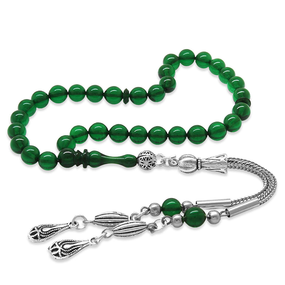 Kararmaz Metal Püsküllü Küre Kesim Bilek Boy Yeşil Ateş Kehribar Tesbih