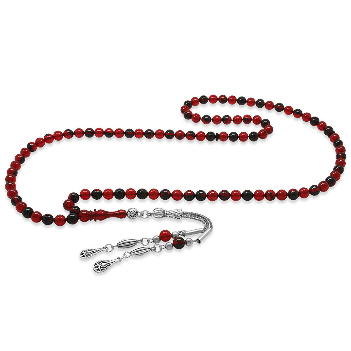Kararmaz Metal Su Damlası Püsküllü Küre Kesim Kırmızı-Siyah Ateş Kehribar 99luk Tesbih