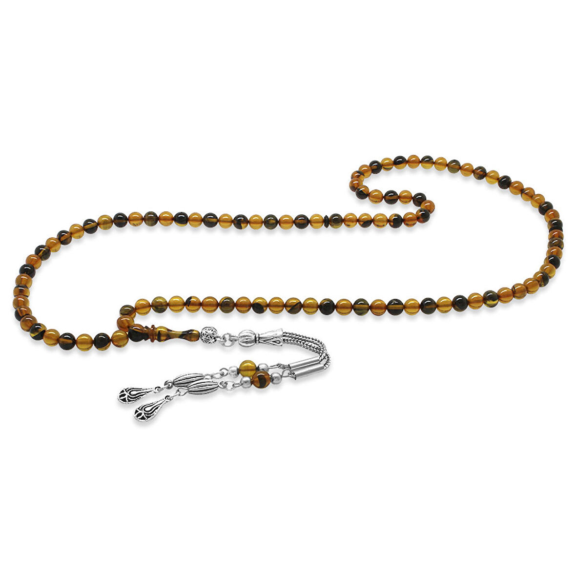 Kararmaz Metal Su Damlası Püsküllü Küre Kesim Sarı-Siyah Ateş Kehribar 99luk Tesbih