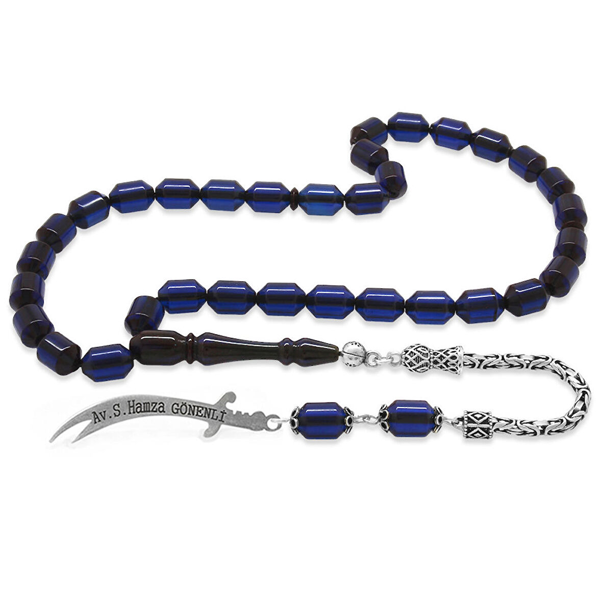 925 Ayar Gümüş Kral Püsküllü Uçlu Kapsül Kesim Kişiye Özel İsim Yazılı Lacivert Sıkma Kehribar Tesbih