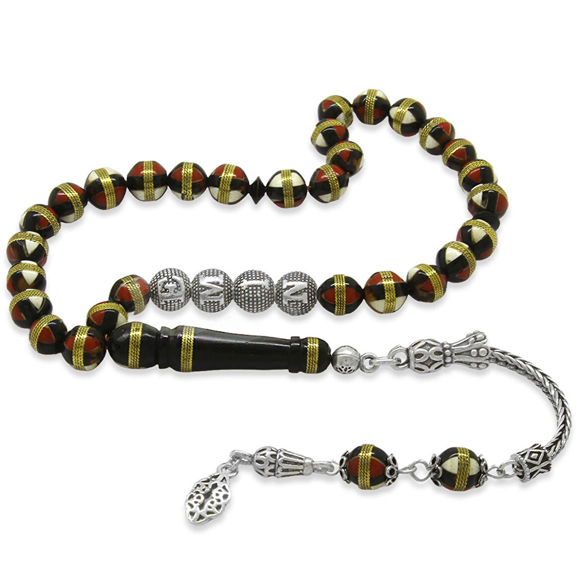 925 Ayar Gümüş Püsküllü Pirinç Sarmal Küre Kesim Gümüş İsim Yazılı Kırmızı-Beyaz Mine Dolgulu Kuka Tesbih