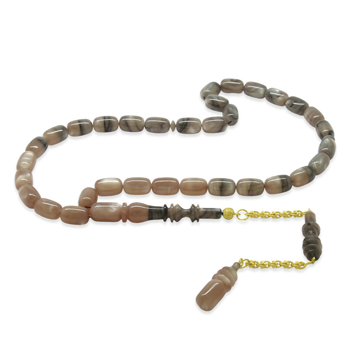 Gold Renk 925 Ayar Gümüş Püsküllü İmamesı Usta İşçilikli Kapsül Kesim Sedefli Şeffaf Süzme Bej-Siyah Katalin Tesbih