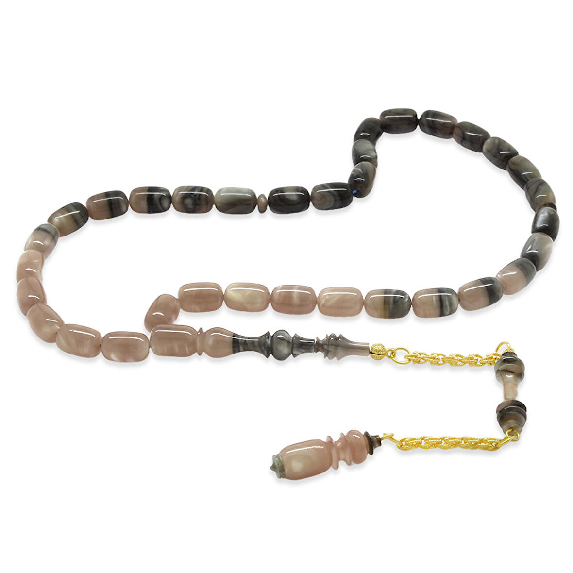 Gold Renk 925 Ayar Gümüş Püsküllü İmamesı Usta İşçilikli Kapsül Kesim Sedefli Süzme Bej-Siyah Katalin Tesbih