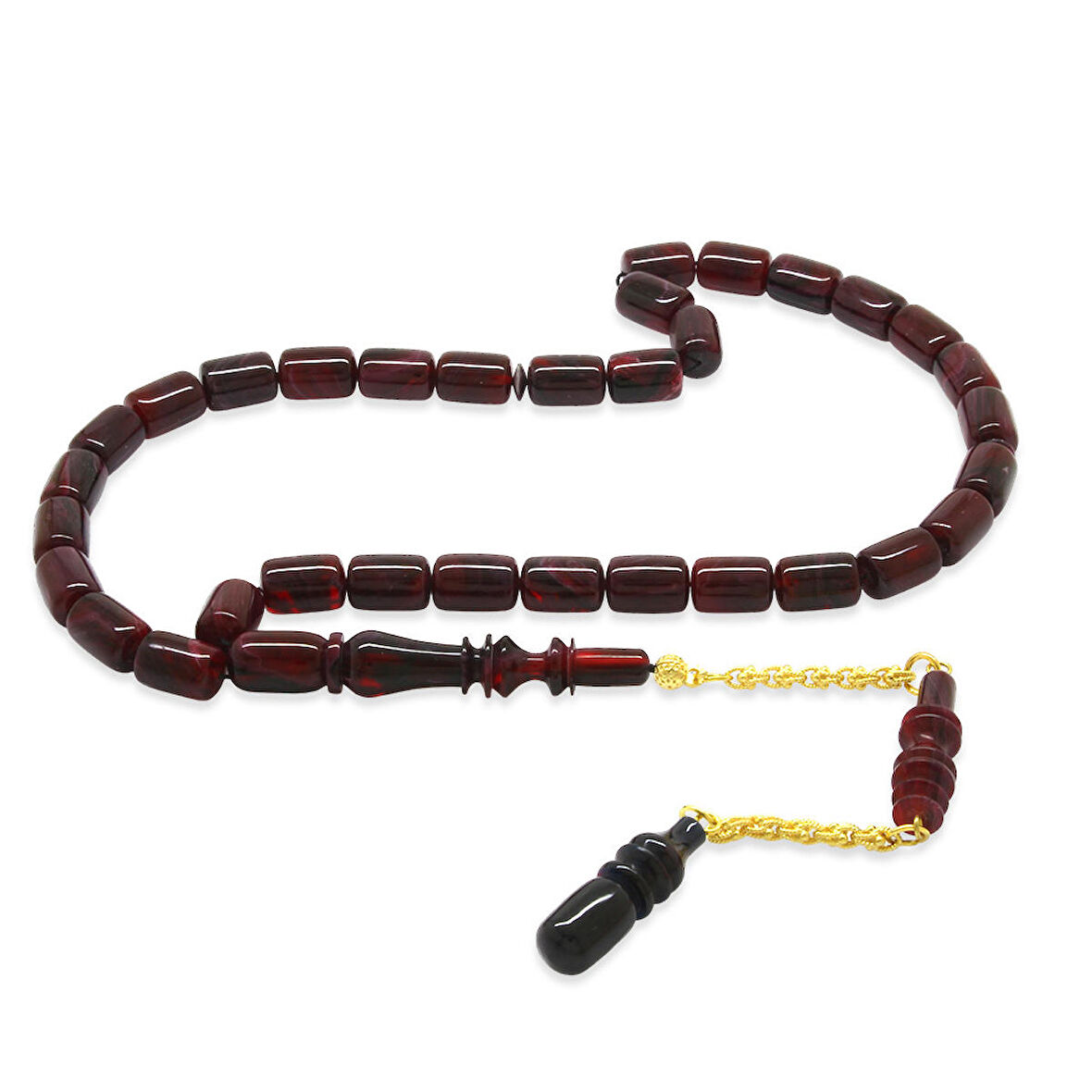 Gold Renk 925 Ayar Gümüş Püsküllü İmamesı Usta İşçilikli Kapsül Kesim Mor-Kırmızı Katalin Tesbih