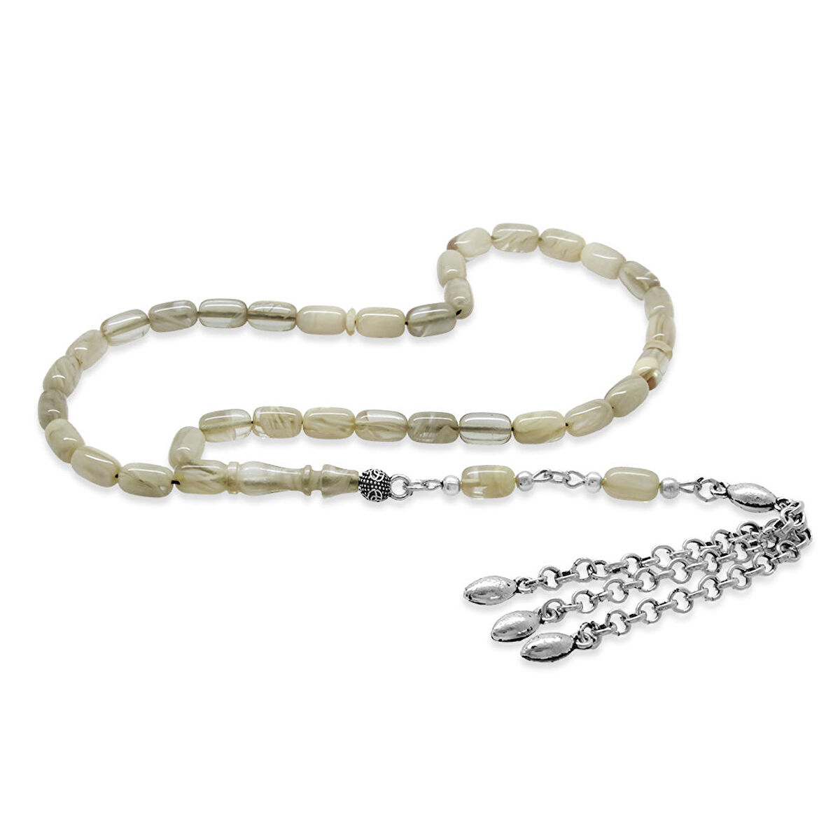 Kararmaz Metal Püsküllü Kapsül Kesim Şeffaf-Beyaz Bilek Boy Sıkma Kehribar Tesbih