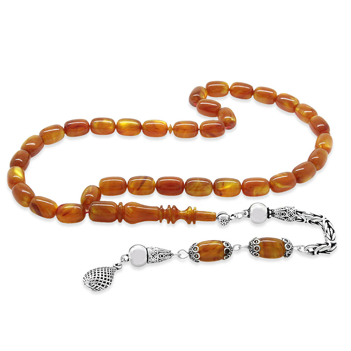 925 Ayar Gümüş Kral Püsküllü Kapsül Kesim Turuncu Kahverengi Sedefli Katalin Tesbih