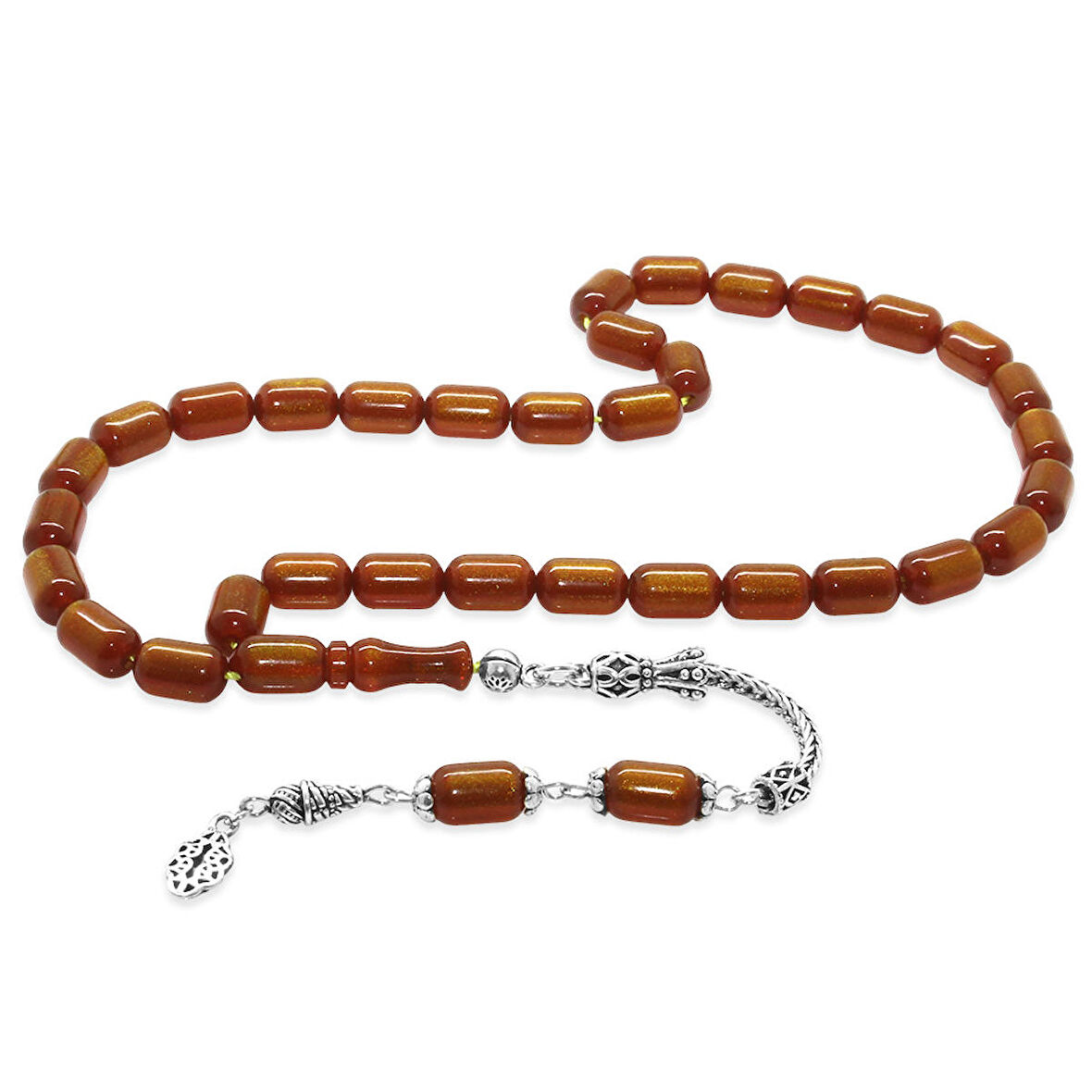 925 Ayar Gümüş Püsküllü Uçlu Kapsül Kesim Sarı Simli Kırmızı Ateş Kehribar Tesbih