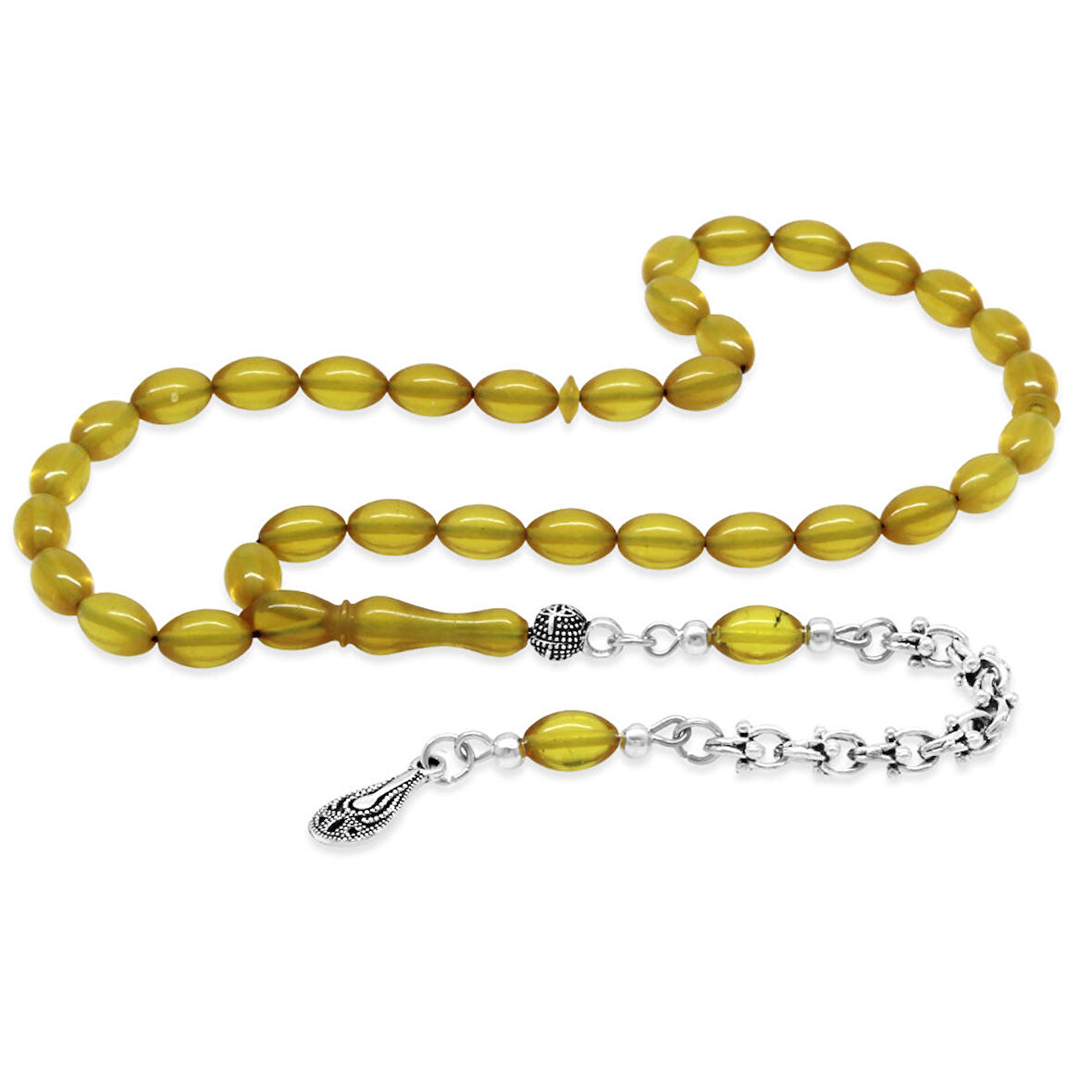 Kararmaz Metal Arnavut Zincir Su Damlası Püsküllü Arpa Kesim Sarı Bilek Boy Ateş Kehribar Tesbih