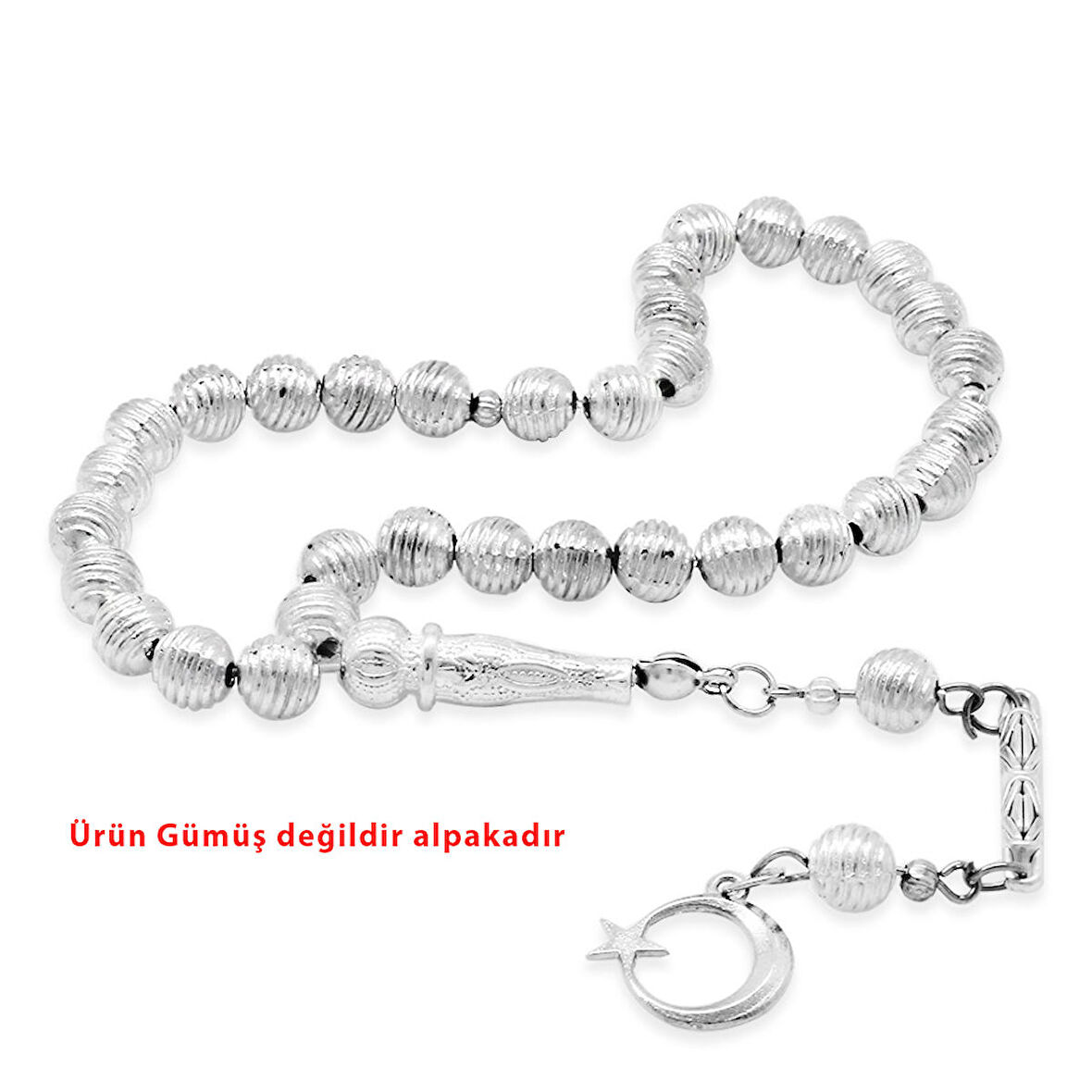 Helezon Tasarım Kalem İşçilikli Ayyıldız Püsküllü Küre Kesim Gümüş Renk Alpaka Tesbih