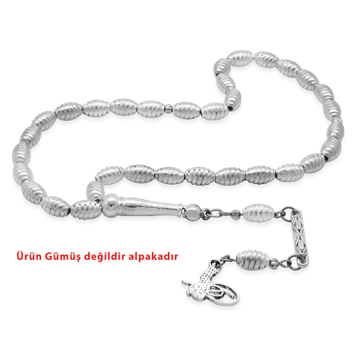 Kalem İşçilikli Lale Püsküllü Küre Kesim Gümüş Renk Alpaka Tesbih