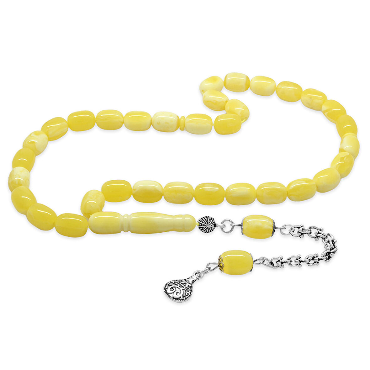 Arnavut Zincir Kararmaz Metal Püsküllü Kapsül Kesim Sarı Beyaz Beyrut Kehribar Tesbih