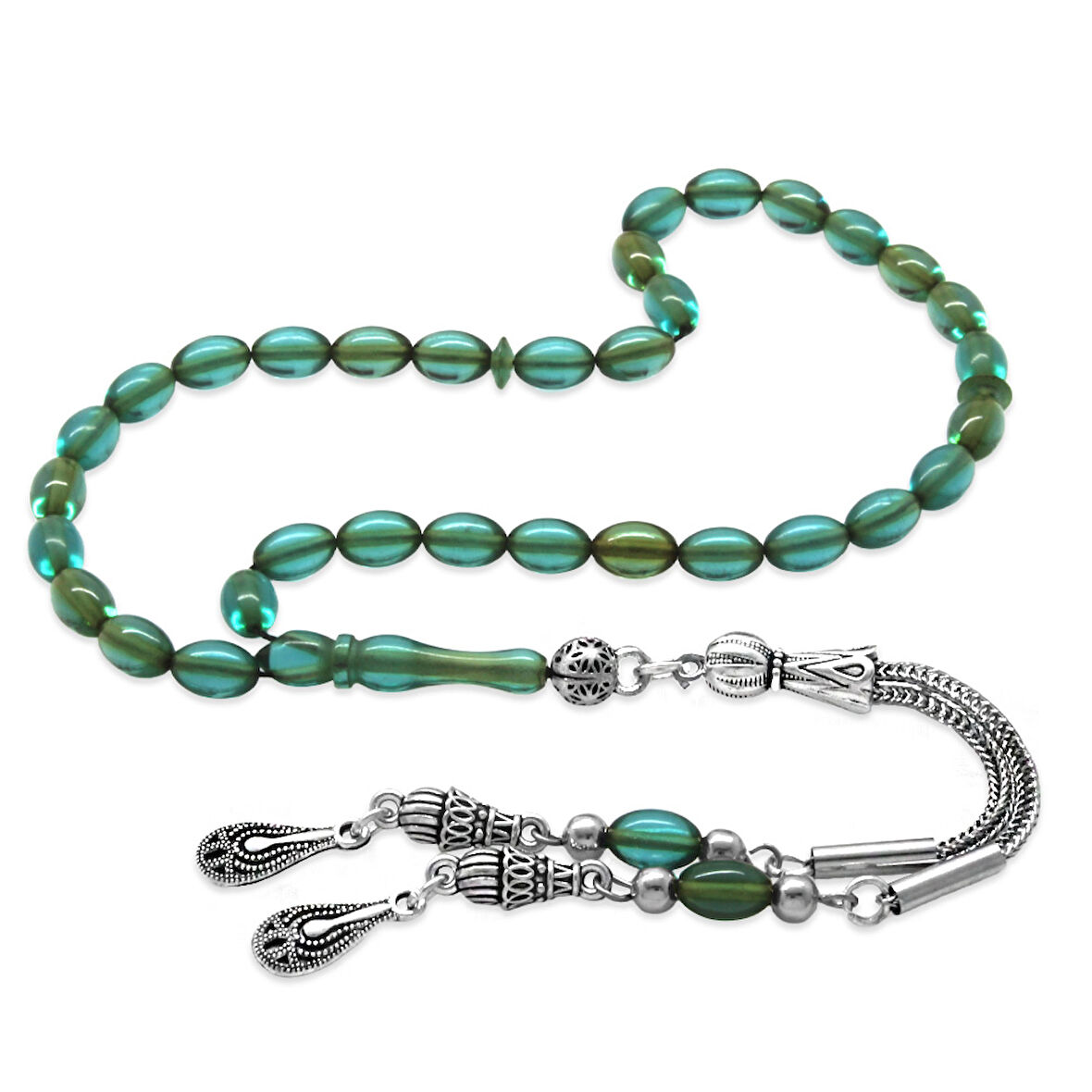 Kararmaz Metal 2 li Kamçı Püsküllü Arpa Kesim Bilek Boy Su Yeşili Ateş Kehribar Tesbih