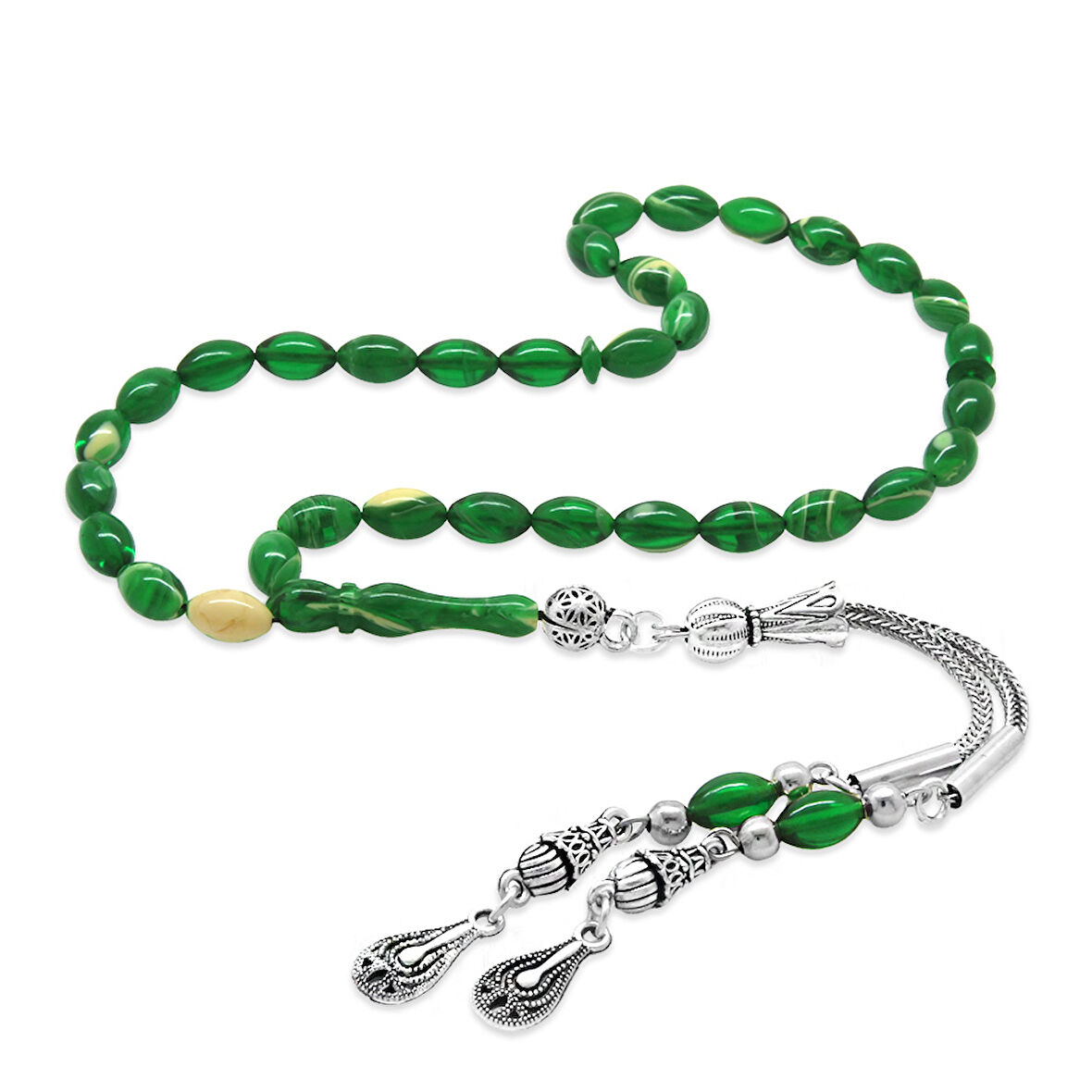 Kararmaz Metal 2 li Kamçı Püsküllü Arpa Kesim Bilek Boy Yeşil Beyaz Ateş Kehribar Tesbih