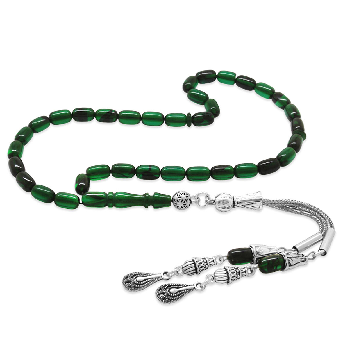 Kararmaz Metal 2 li Kamçı Püsküllü Kapsül Kesim Bilek Boy Yeşil Siyah Ateş Kehribar Tesbih