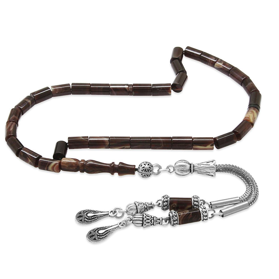 Kararmaz Metal 2 li Kamçı Püsküllü Kesme Kesim Bilek Boy Ebruli Ateş Kehribar Tesbih