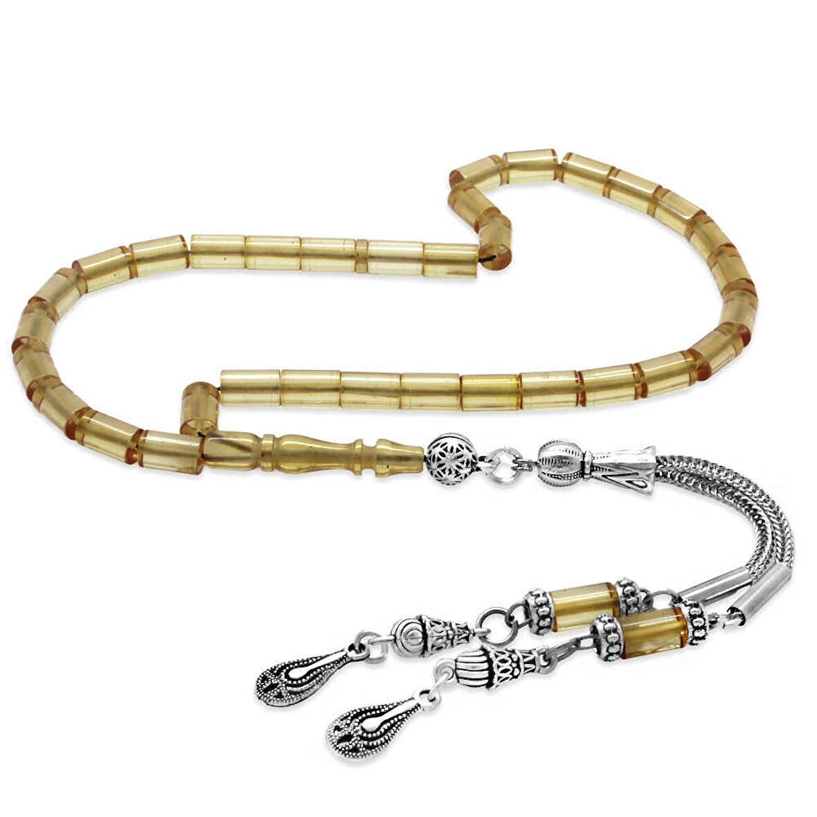 Kararmaz Metal 2 li Kamçı Püsküllü Kesme Kesim Bilek Boy Saman Sarı Ateş Kehribar Tesbih