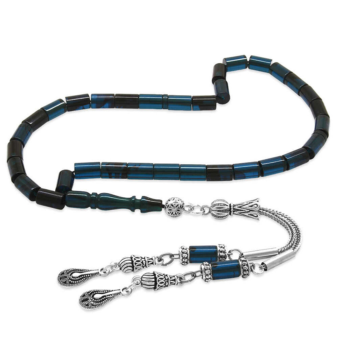Kararmaz Metal 2 li Kamçı Püsküllü Kesme Kesim Bilek Boy Turkuaz Siyah Ateş Kehribar Tesbih