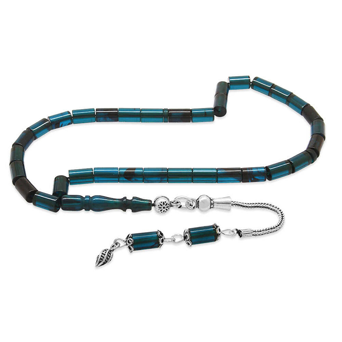 925 Ayar Gümüş Püsküllü Kesme Kesim Bilek Boy Turkuaz Siyah Ateş Kehribar Tesbih