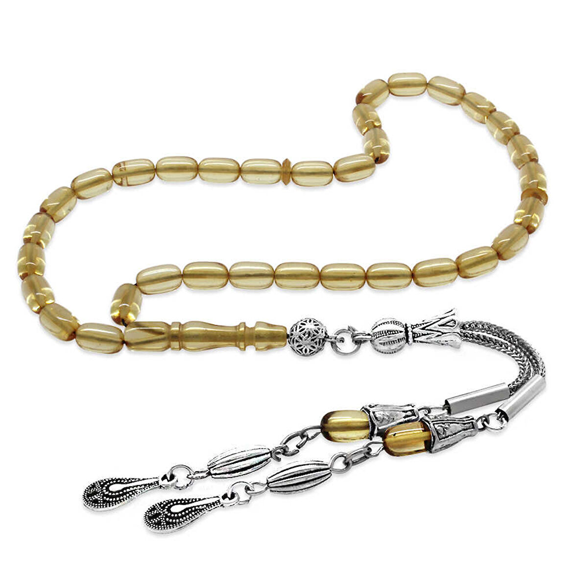 Kararmaz Metal 2 li Kamçı Püsküllü Kapsül Kesim Bilek Boy Saman Sarı Ateş Kehribar Tesbih