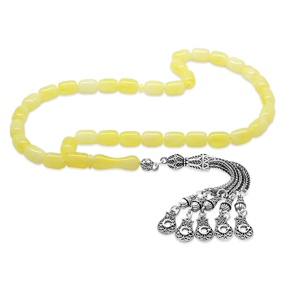 Kararmaz Metal 5 li Kamçı Ayyıldız Püsküllü Kapsül Kesim Sarı Beyaz Hareli Beyrut Kehribar Tesbih