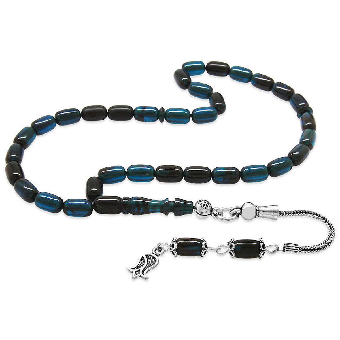 925 Ayar Gümüş Püsküllü Kapsül Kesim Bilek Boy Turkuaz Siyah Ateş Kehribar Tesbih