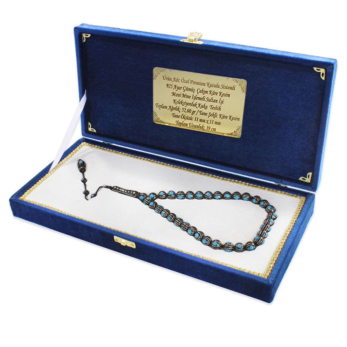 Özel Premium Kutulu Sistemli 925 Ayar Gümüş Çakım Küre Kesim Mavi Mine İşlemeli Sultan İşi Koleksiyonluk Kuka Tesbih