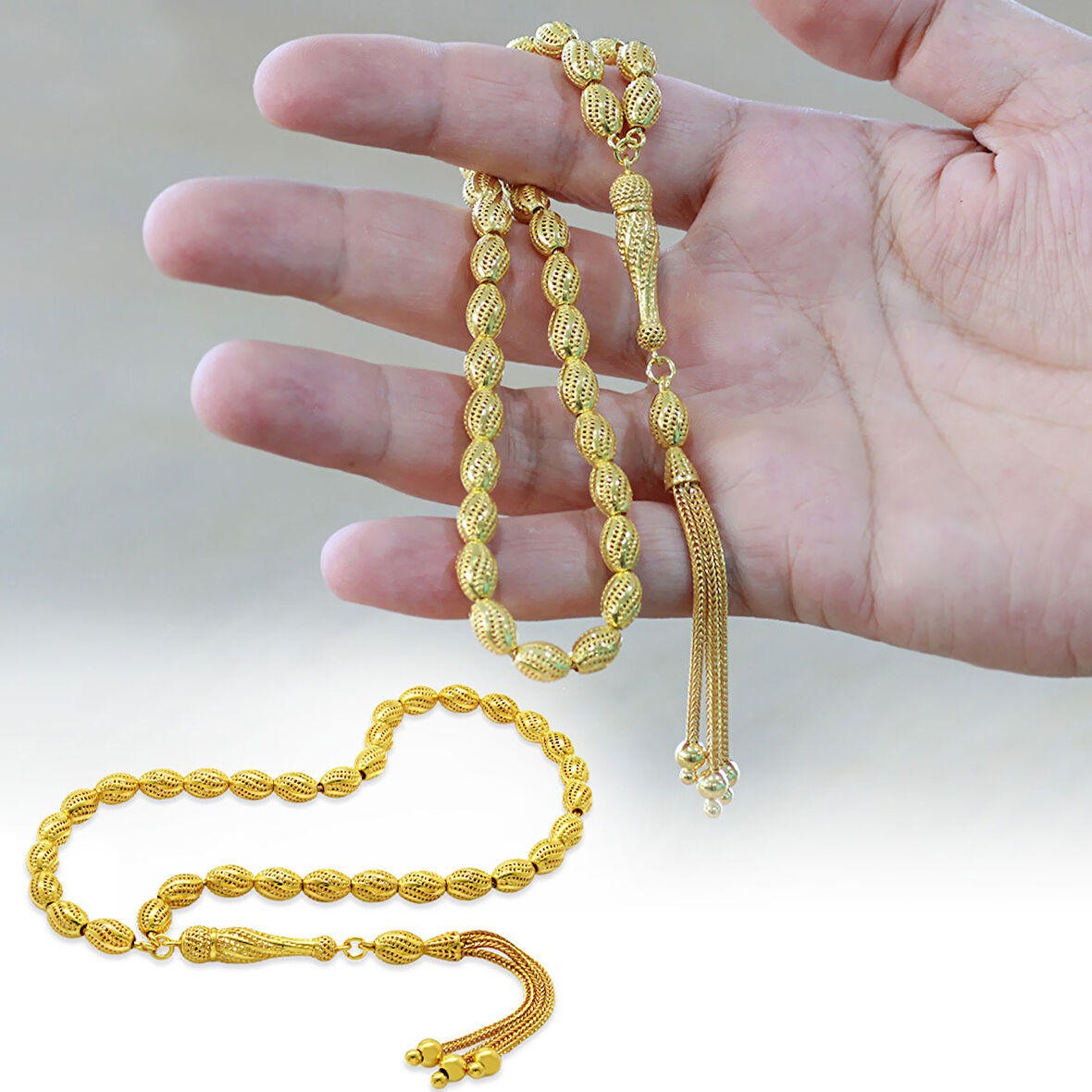 Üçlü Kamçı Püsküllü Çeşmi Bülbül Detaylı Telkari Tasarım Arpa Kesim Altın Rengi 925 Ayar Gümüş Tesbih