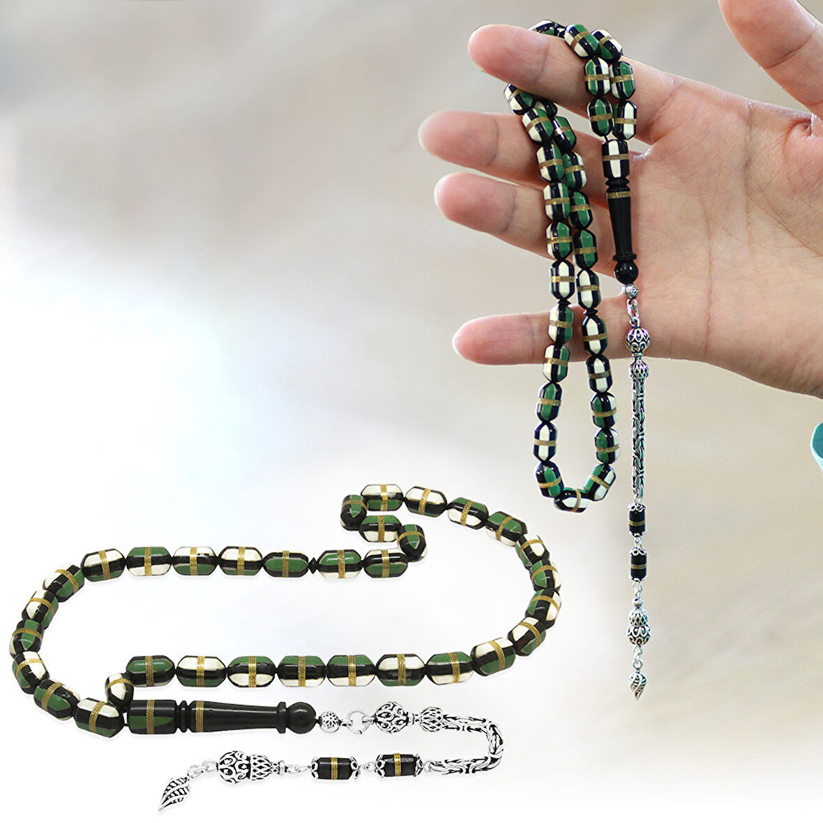 925 Ayar Gümüş Kral Zincir Püsküllü Yeşil Beyaz Mine Dolgulu Pirinç Sarmal Kapsül Kesim Kuka Tesbih