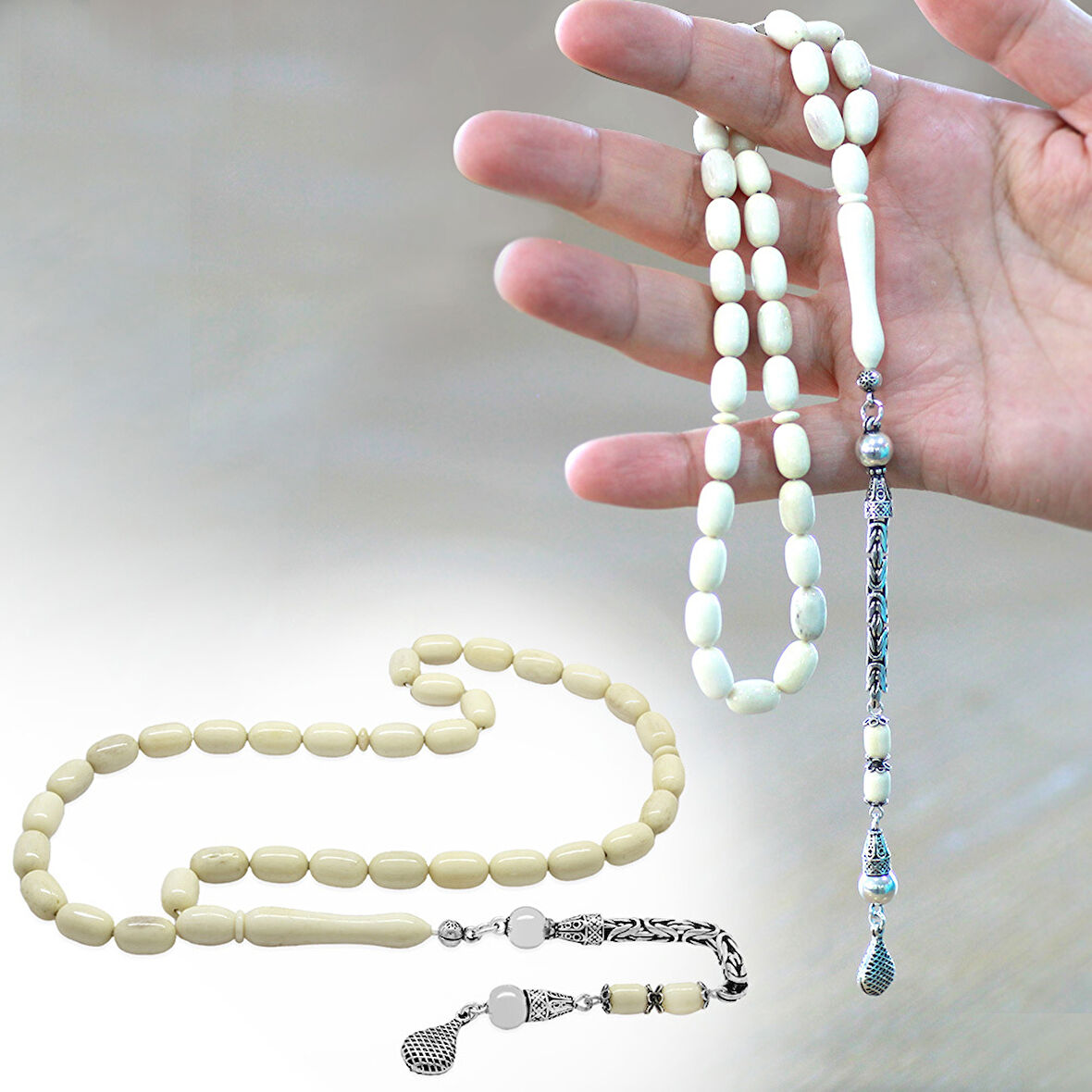 925 Ayar Gümüş Kral Zincir Püsküllü Tombul Kapsül Kesim Naturel Renk Deve Kemiği Tesbih